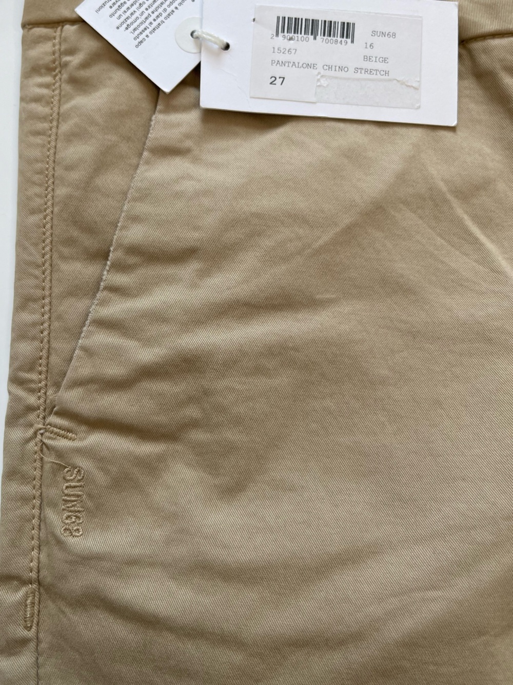 Sun 68 Slim Khaki Chinos in Beige. Size: 27 - Picture 7 of 9